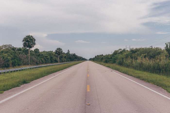 Empty highway with palm trees and cloudy sky