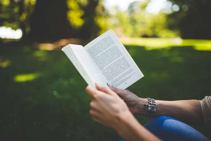 Person reading a book in a park