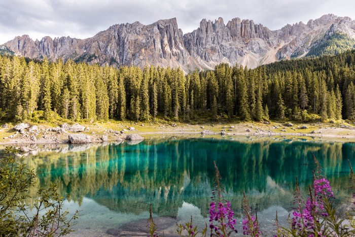 Turquoise lake reflecting mountains and forest