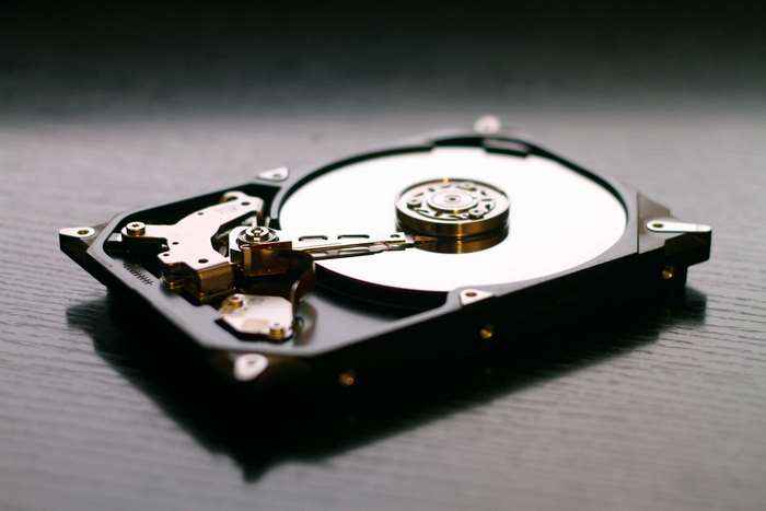 Close up of a hard disk drive mechanism