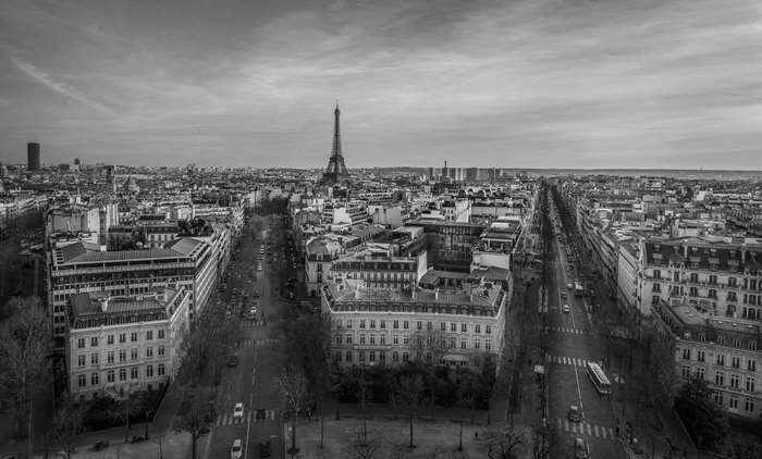Paris cityscape with Eiffel Tower in black and white 4K