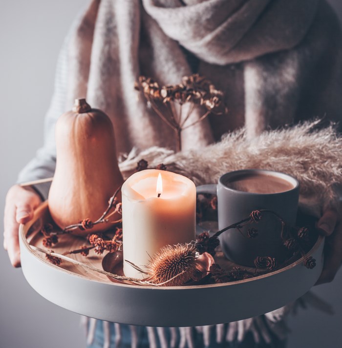 Cozy Autumn Tray with Candle and Butternut Squash