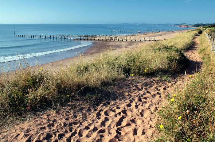 Beach with wooden groynes and sandy path