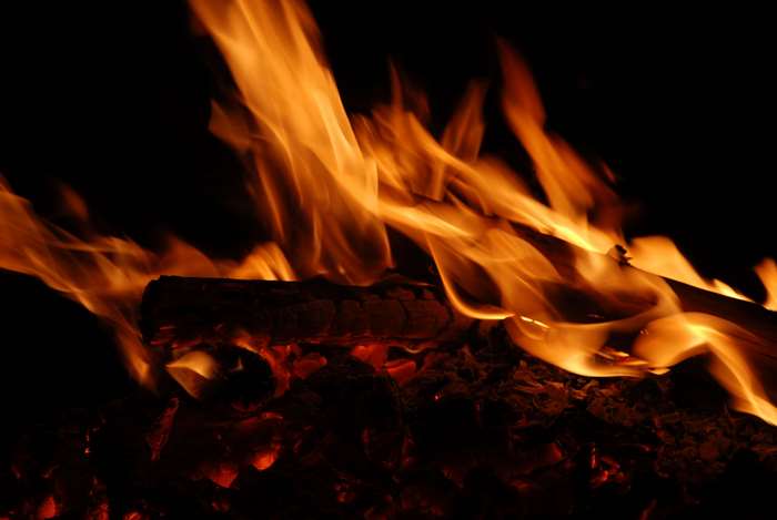 Campfire with orange flames and glowing embers 4K