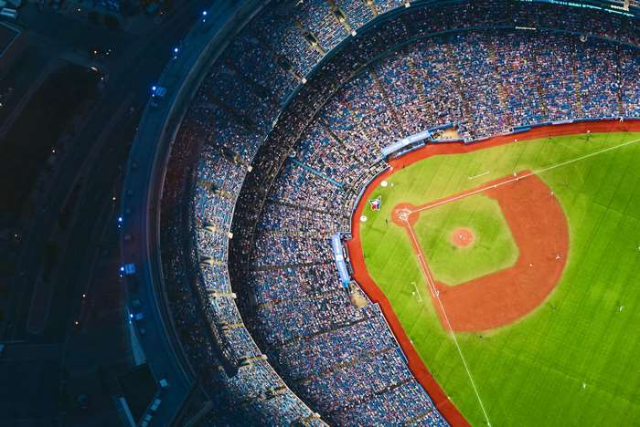 Aerial view of a baseball stadium filled with spectators