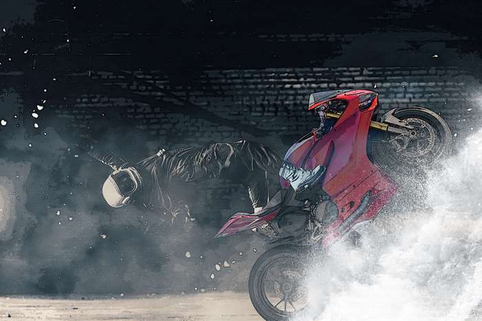 Motorcycle rider performing a stunt in water