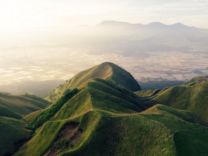 Sunrise Over Green Hills and Aso Mountain Range