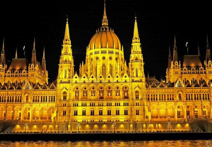 Hungarian Parliament Building illuminated at night