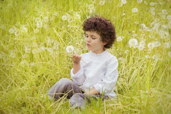 Boy blowing dandelions in a field