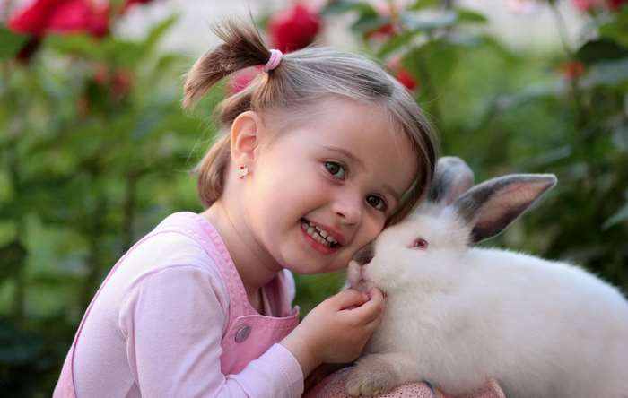 A smiling girl with a rabbit in a garden