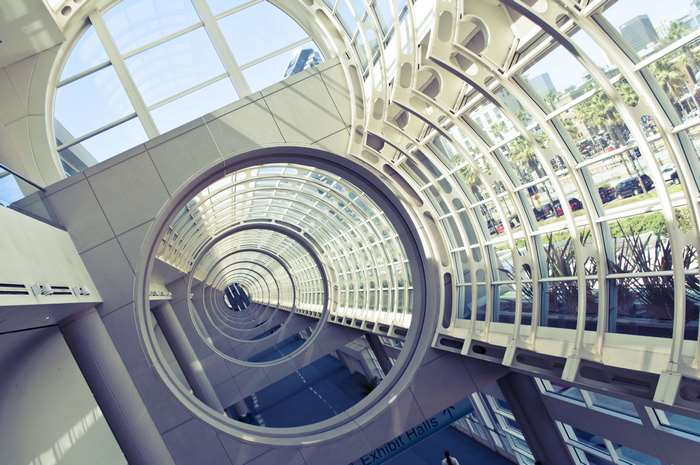 Architecture of San Diego Convention Center with circular walkway