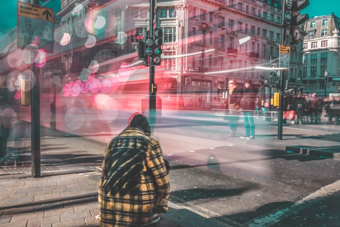 City street with light painting and people