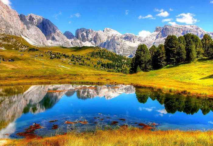 Mountain lake with reflections of peaks and trees