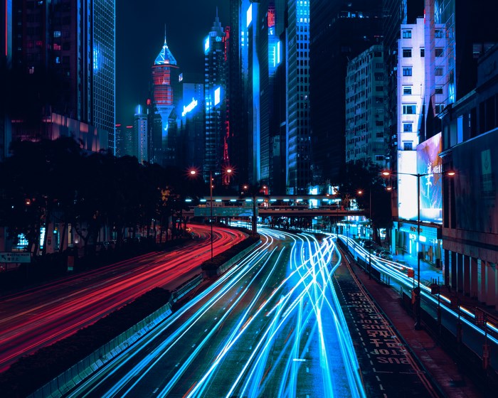 Hong Kong Cityscape at Night with Light Trails