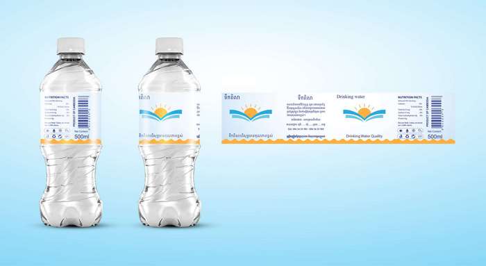 Two bottles of drinking water with labels