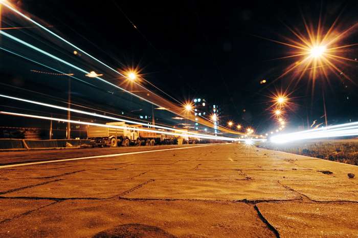 Night traffic in Lviv, Ukraine with light trails