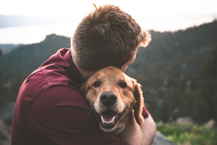 Man hugging a golden retriever dog outdoors