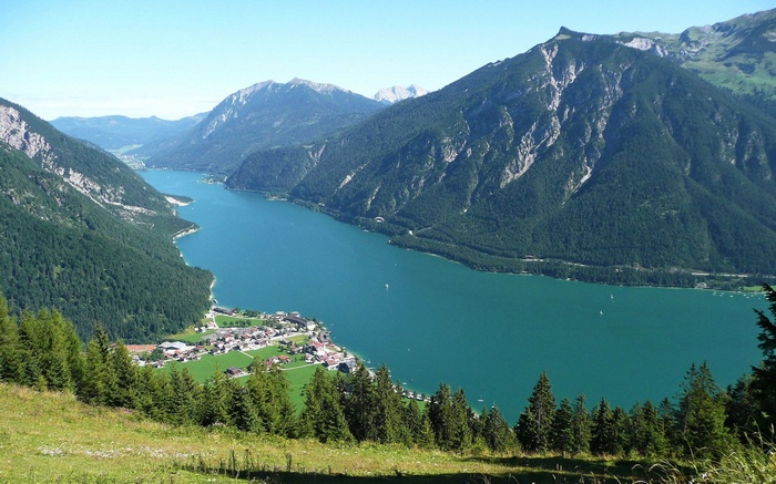 Lake Achensee with village and mountains