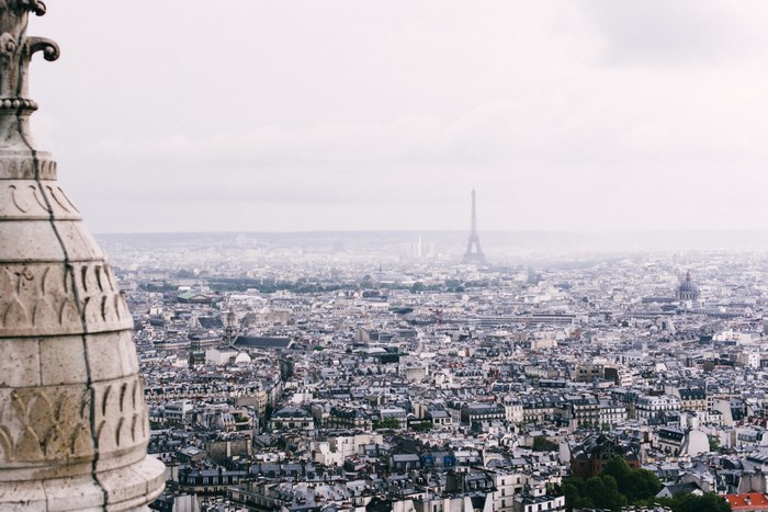 Paris cityscape with Eiffel Tower and Montmartre architecture