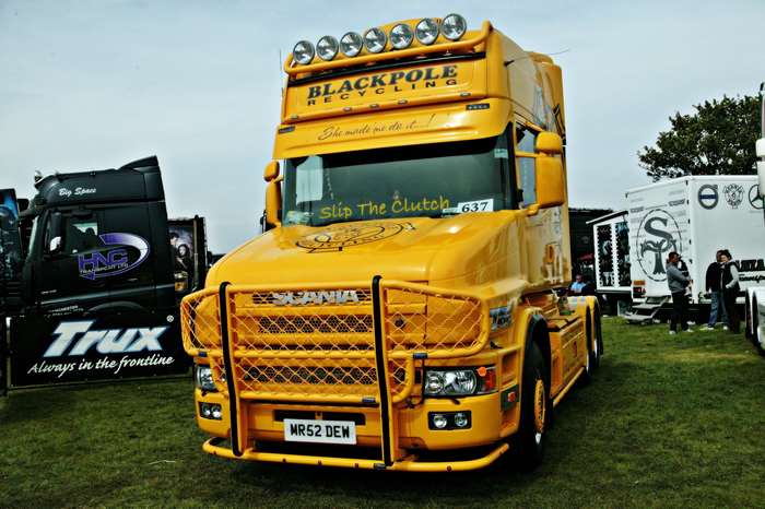 Yellow Scania T144 truck from Blackpool Recycling