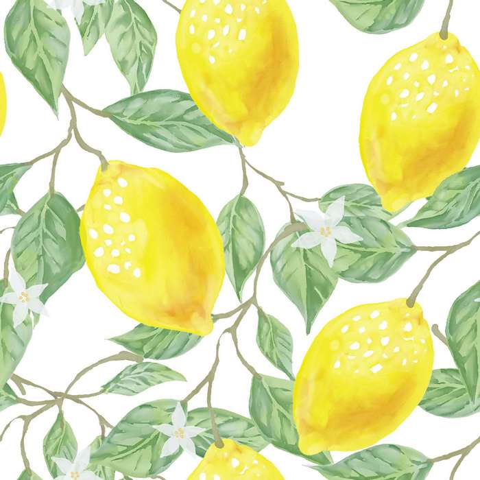 Watercolor lemons and leaves seamless pattern