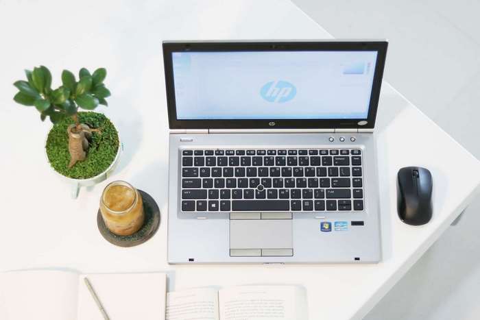 HP laptop with mouse, plant, and drink on desk