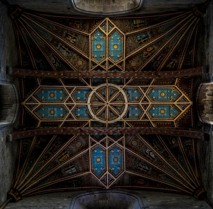 Ornate painted wooden ceiling of a church