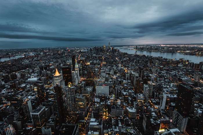 Aerial view of New York City skyline at dusk