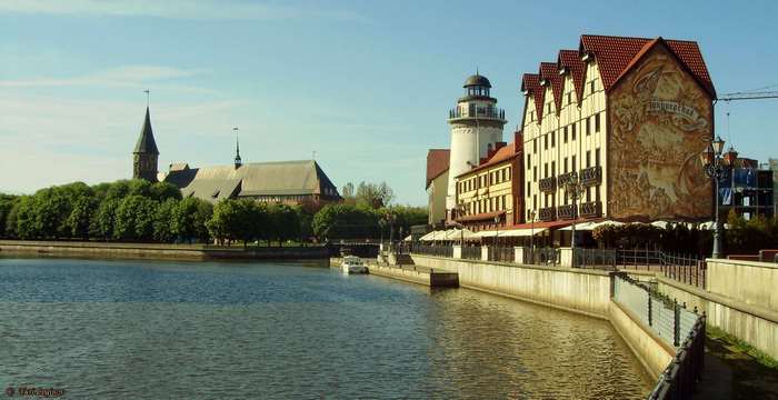 Kaliningrad cityscape with cathedral and lighthouse