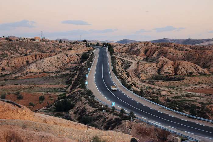 Road through the desert landscape in Tunisia 4K