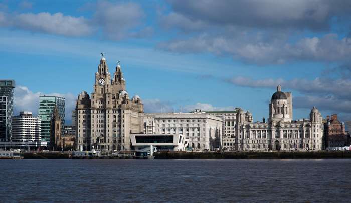 Liverpool waterfront skyline with historic buildings and modern architecture