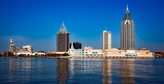 Mobile, Alabama skyline with RSA Tower over the bay