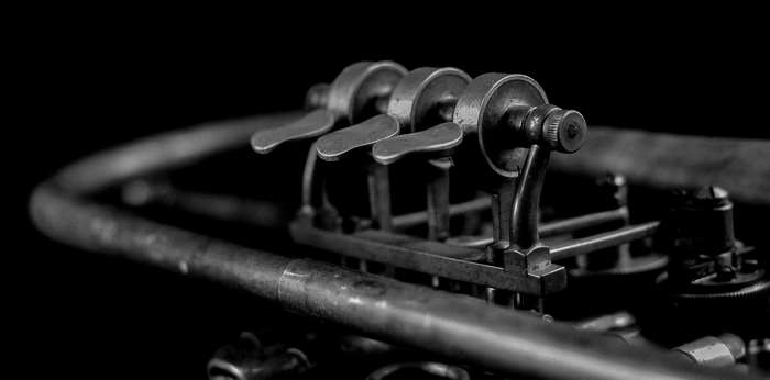 Close-up of vintage trumpet rotary valves