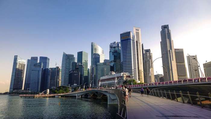 Singapore skyline with Jubilee Bridge and skyscrapers