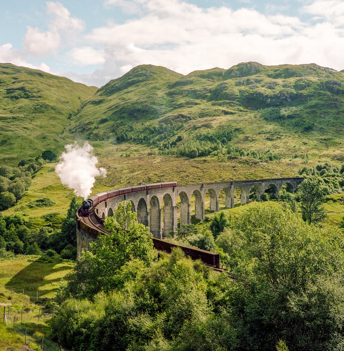 Hogwarts Express Train Crossing Glenfinnan Viaduct in Scotland