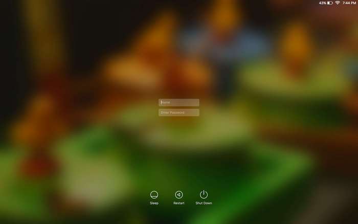 Login screen with sleep, restart, and shut down options