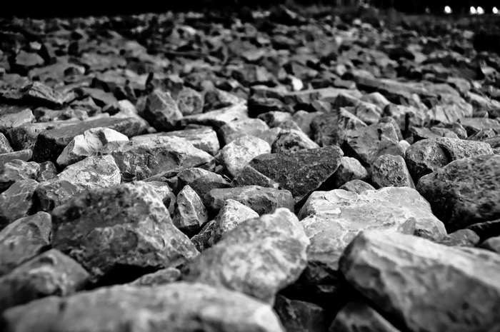 Black and white close-up of gravel and rocks
