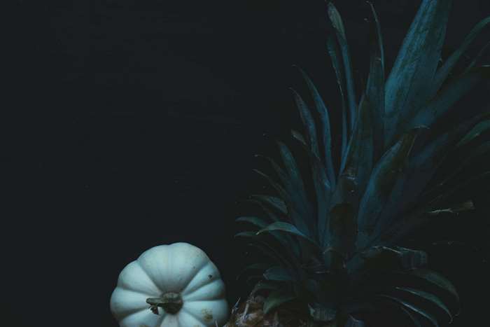 White pumpkin and pineapple against a black background