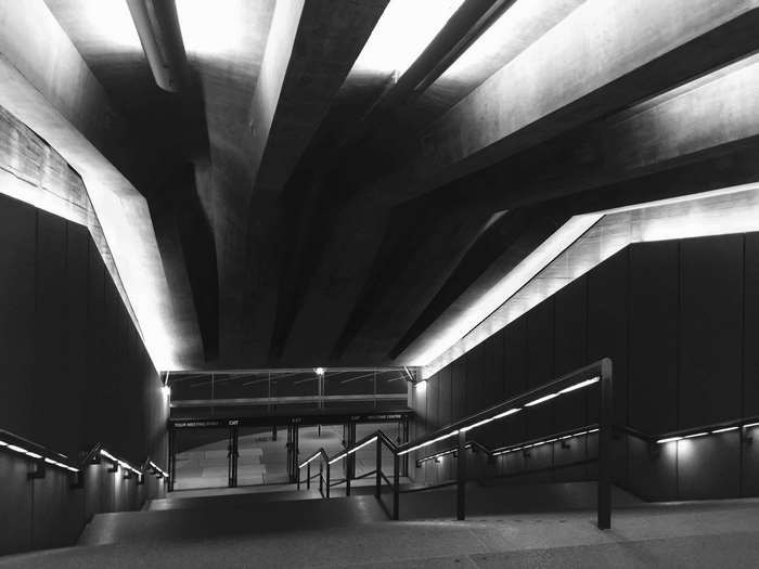 Concrete architecture with dramatic lighting and staircases