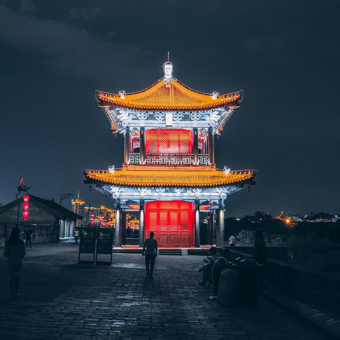 Traditional Chinese Pagoda Building at Night