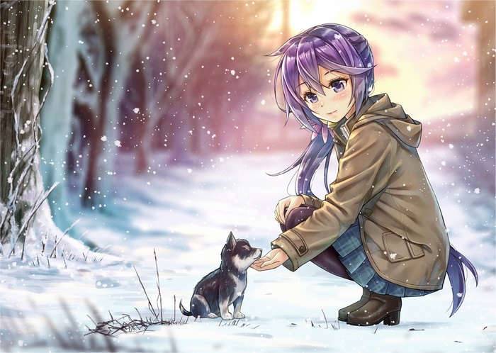 Anime girl with purple hair petting a puppy in the snow