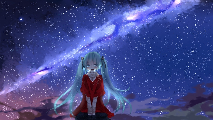 Hatsune Miku crying under a starry night sky