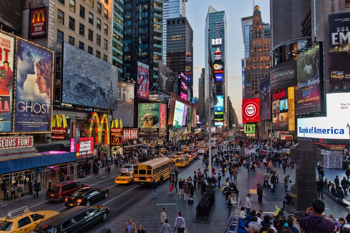 Bustling Times Square in New York City at Dusk