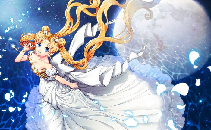 Sailor Moon Usagi in a white dress under the moon