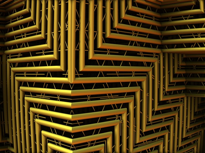 Abstract golden pipes and lines forming a geometric pattern