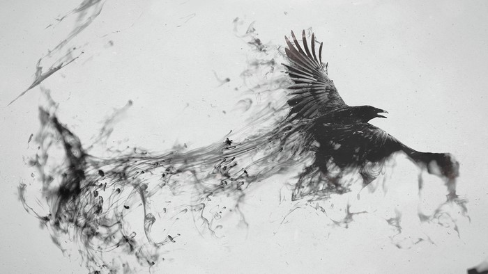 Raven flying out of smoke