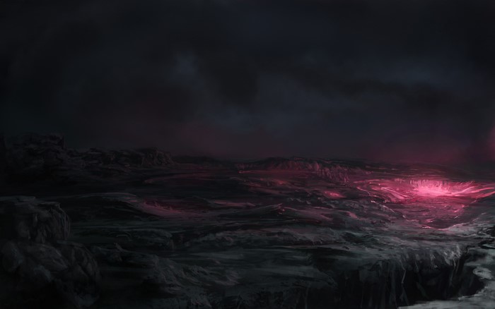 Alien planet surface with glowing pink fissures