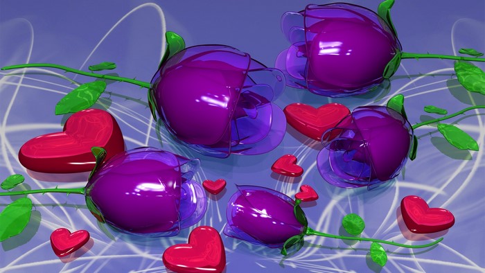 Purple Roses and Red Hearts on a Blue Background