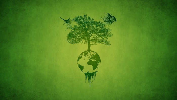 Tree growing from Earth with birds flying