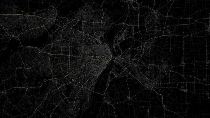 Dark Themed City Road Map with Route Lines